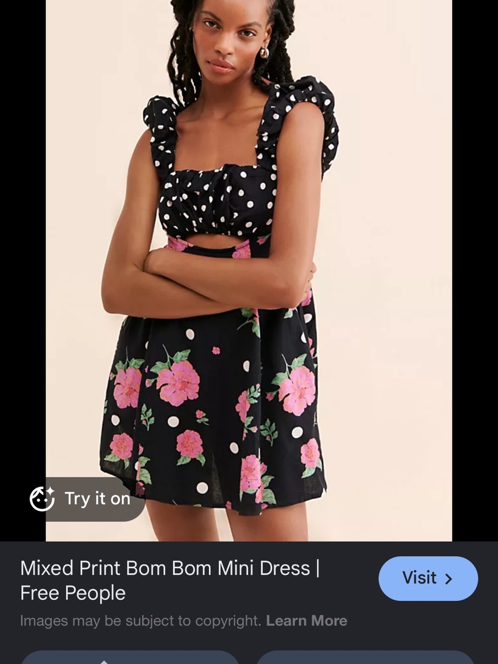 Free People Black Mini Dress with Pink Floral and White Polka Dots